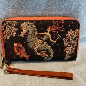 Spartina 449 Embroidered Seahorse Denim and Pink Wristlet